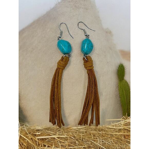 Faux Turquoise & Suede Leather Dangle Earrings Southwestern Boho Chic Cowgirl - Picture 5 of 5